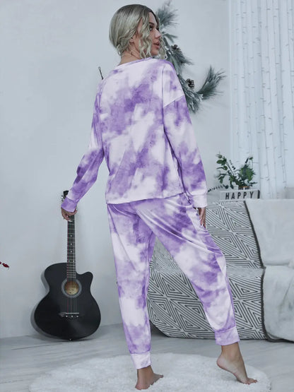 Shiny Tie-dye Round Neck Top and Drawstring Pants Lounge Set Easy Apparels