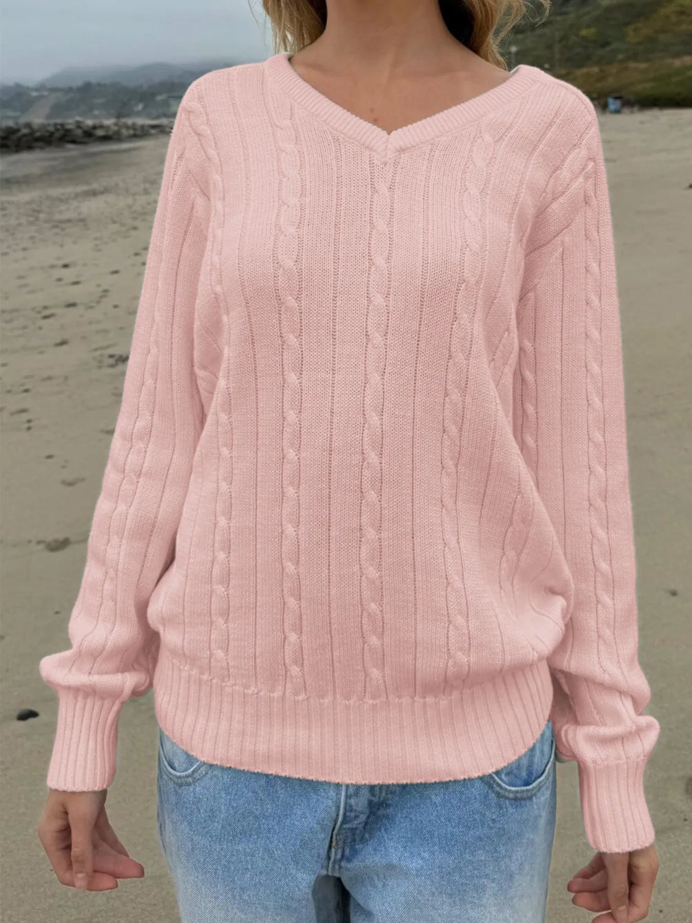 Trendsi Cable Knit V-Neck Pullover Sweater