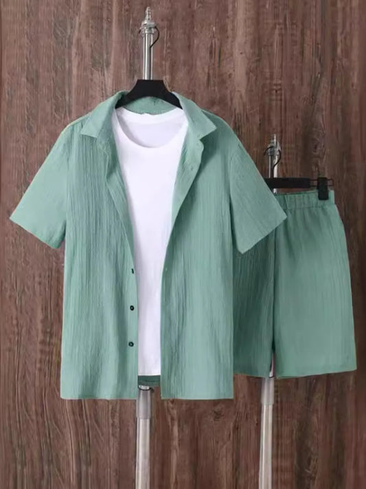 Men's Plus Size Button Up Short Sleeve Shirt and Shorts Set Green Easy Apparels
