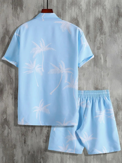 Men's Full Size Palm Print Button Up Shirt and Shorts Set Plus Size Easy Apparels