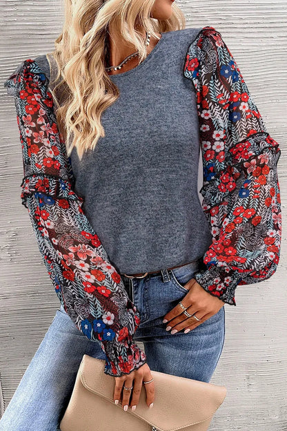Trendsi Heathered Floral Frill Lantern Sleeve Blouse