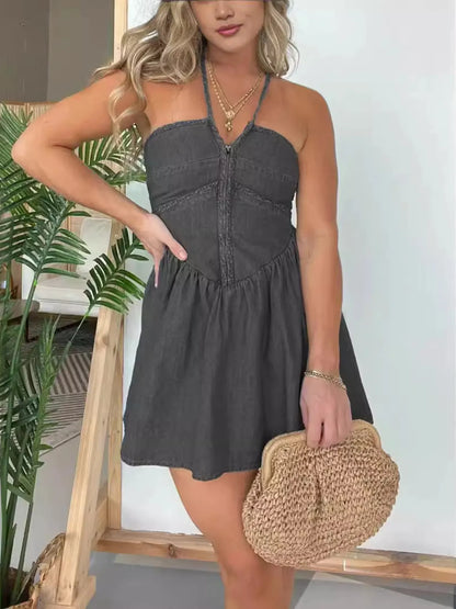 Full Size Lace Up Halter Neck Denim Dress Plus Size Black Easy Apparels