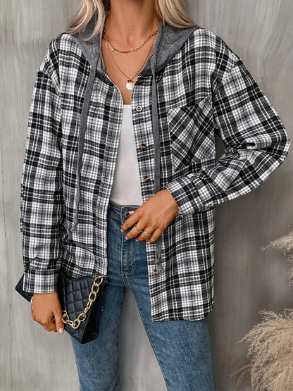 Trendsi Plaid Button-Up Hooded Shirt Black