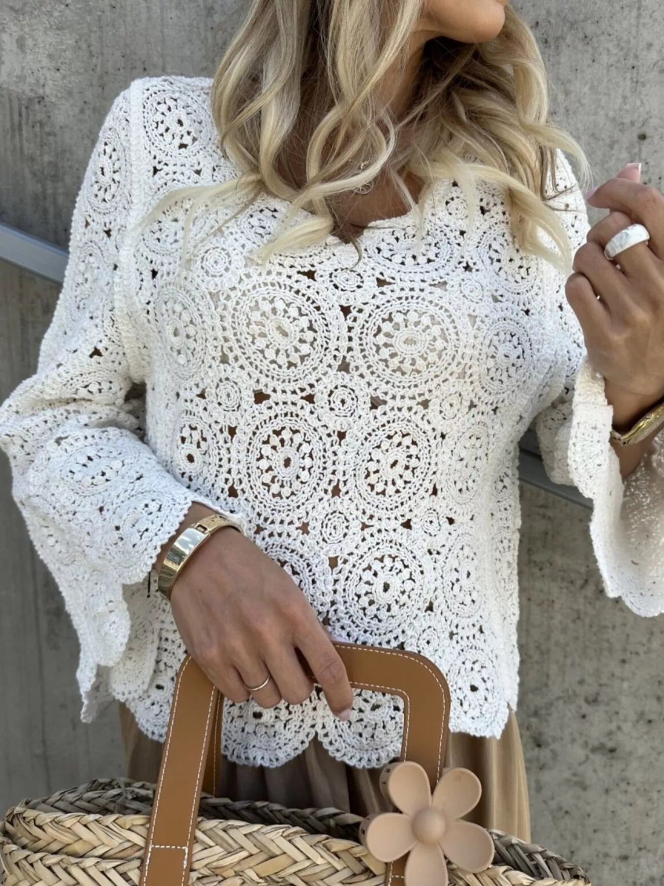 Trendsi Crochet Lace V-Neck Bell Sleeve Knit Top