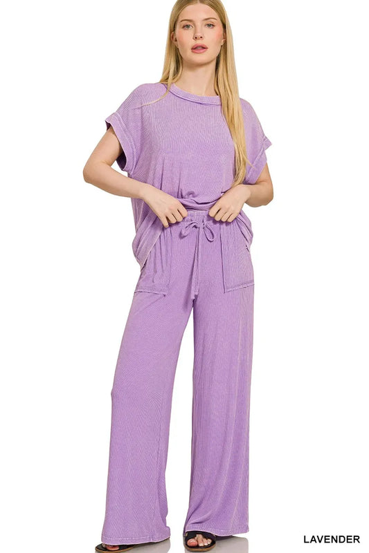 Zenana Ribbed Acid Wash Rayon Top & Pants Set LAVENDER Easy Apparels