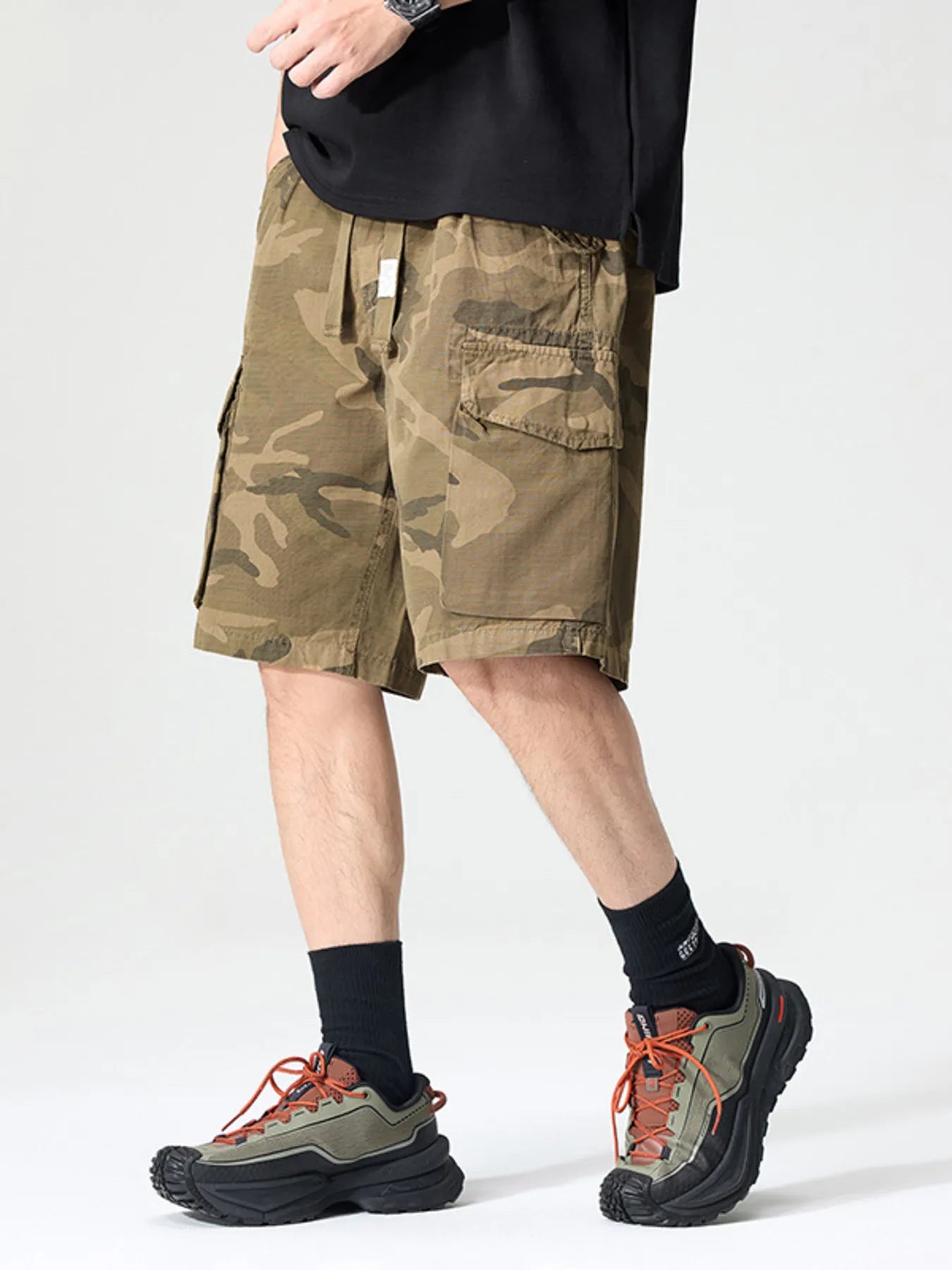 Men's Full Size Drawstring Cargo Shorts Plus Size Camouflage Khaki Easy Apparels