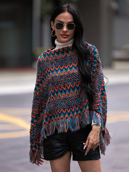 Shiny Fringe Hem Boat Neck Poncho Navy Easy Apparels