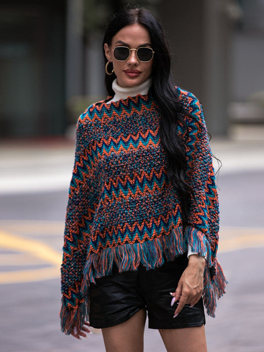 Shiny Fringe Hem Boat Neck Poncho Navy Easy Apparels