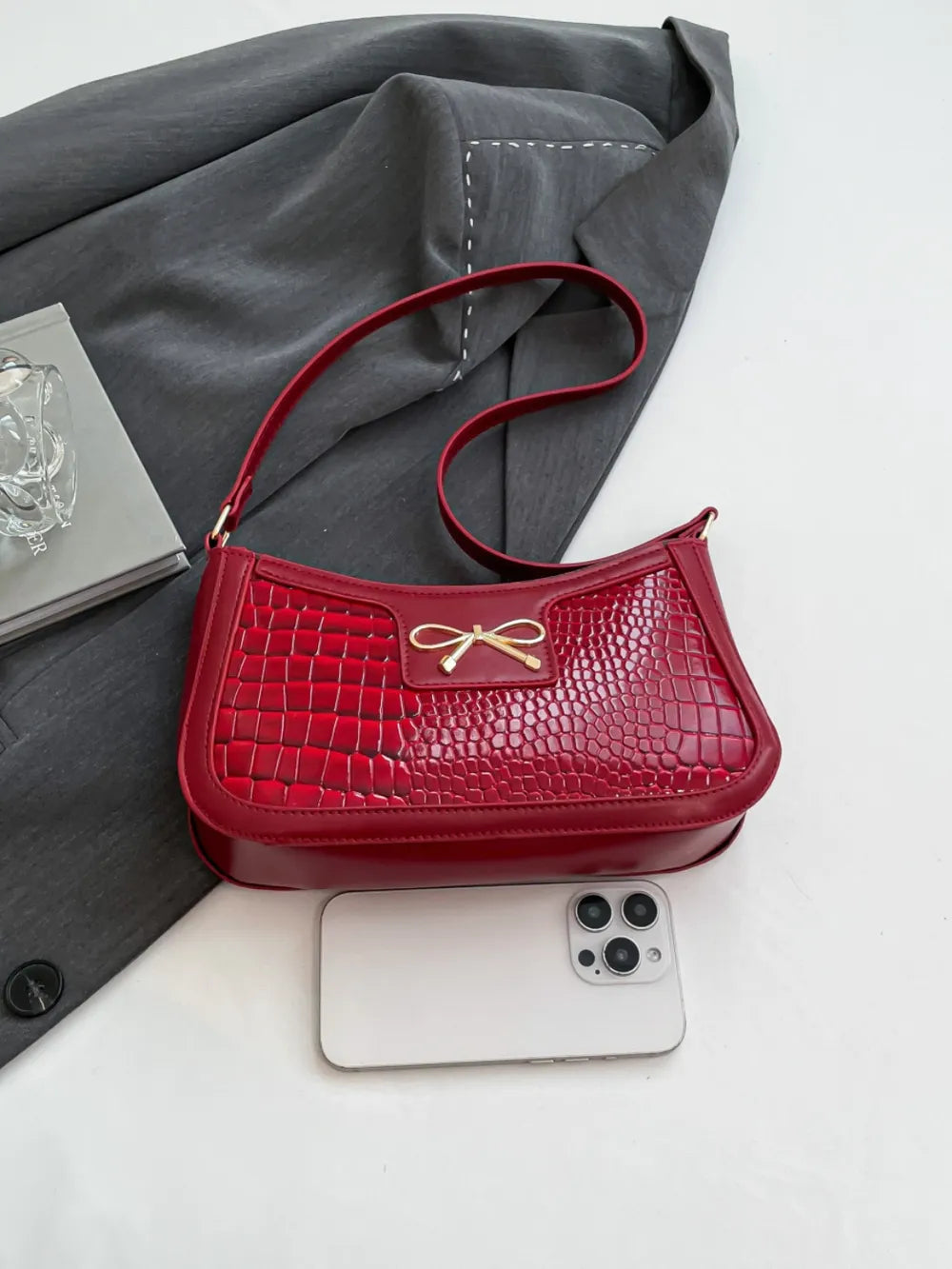 Crocodile Pattern Shoulder Bag with Bow Detail Easy Apparels