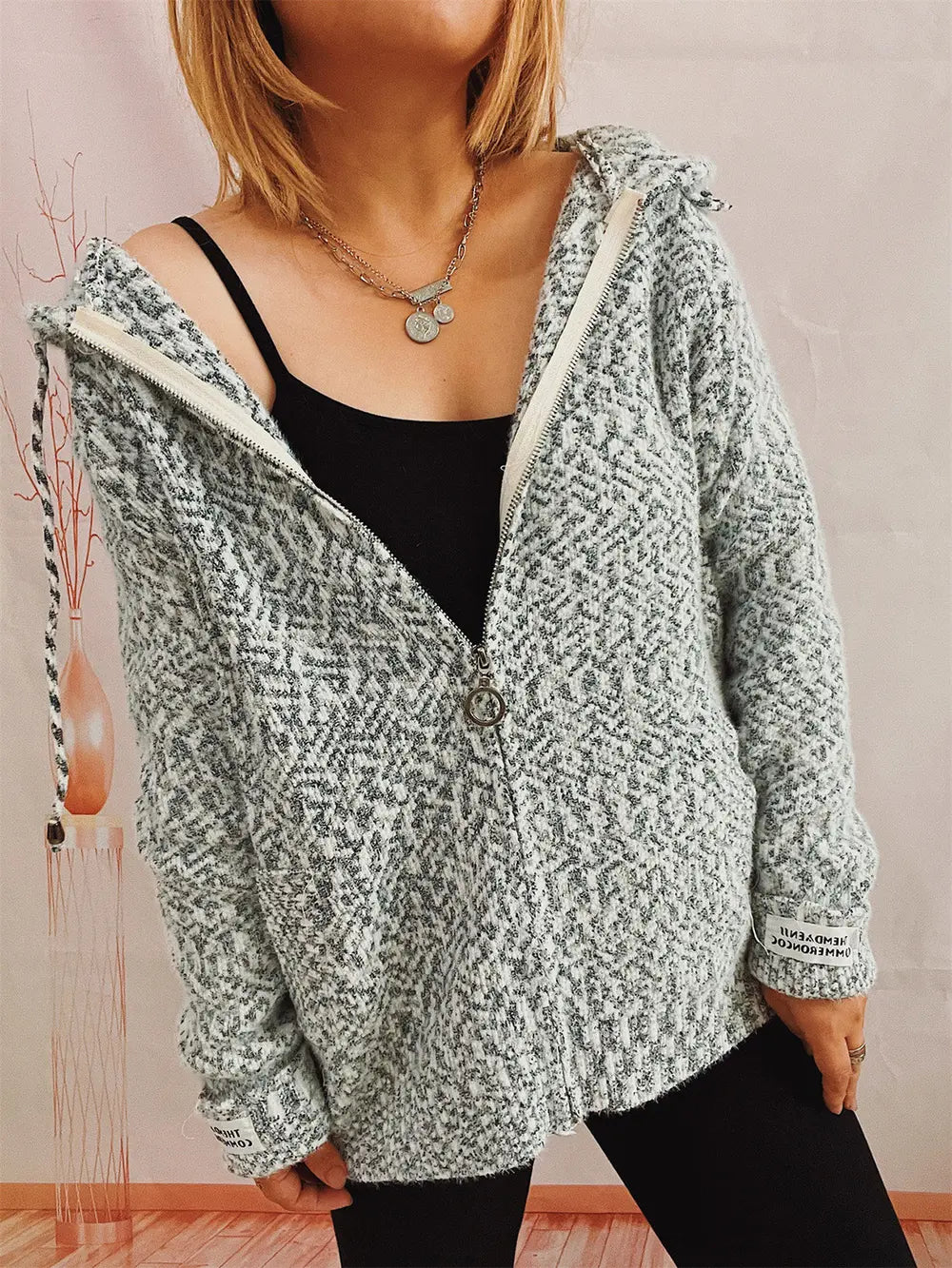 Zip Up Drawstring Long Sleeve Hooded Sweater Easy Apparels