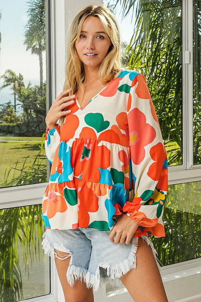 Trendsi BiBi Floral Woven Tiered V Neck Top