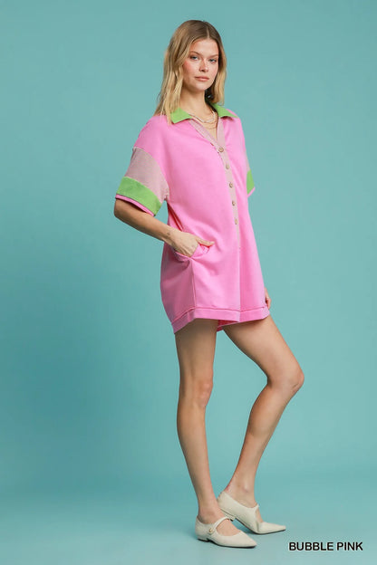Umgee Contrast Trim Button Front Romper Easy Apparels