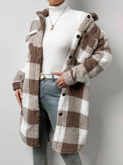 Plaid Collared Neck Button Down Coat Easy Apparels