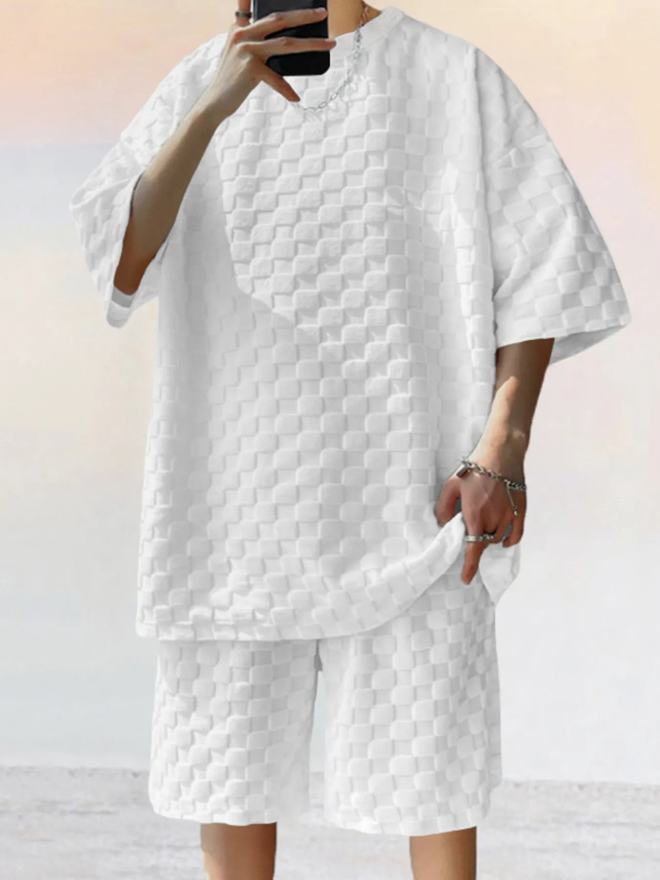 Men's Full Size Checkered Pattern Casual Top and Shorts Two-Piece Set Plus Size White Easy Apparels