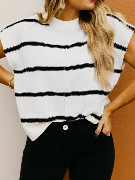 Trendsi Striped Batwing Sleeve Knit Top White