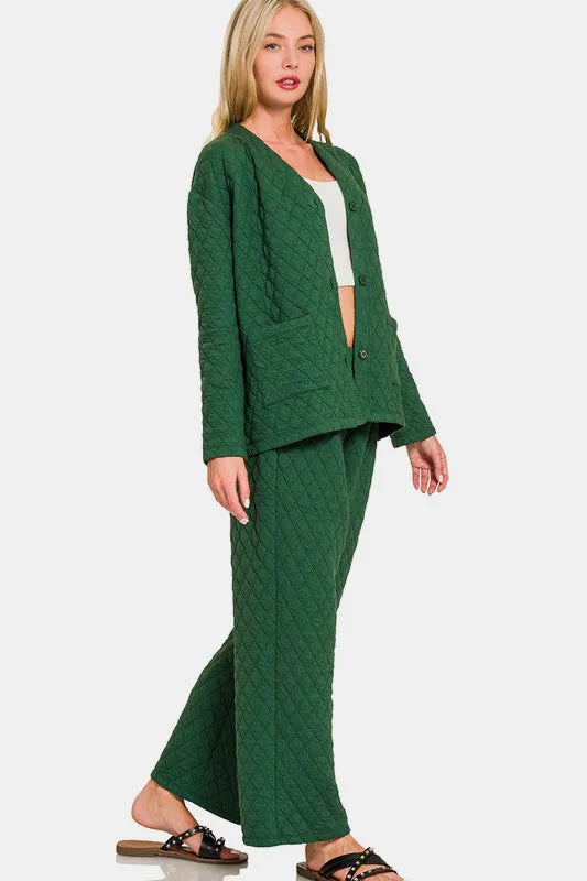 Zenana Quilted Button Up Long Sleeve Top and Pants Lounge Set Easy Apparels