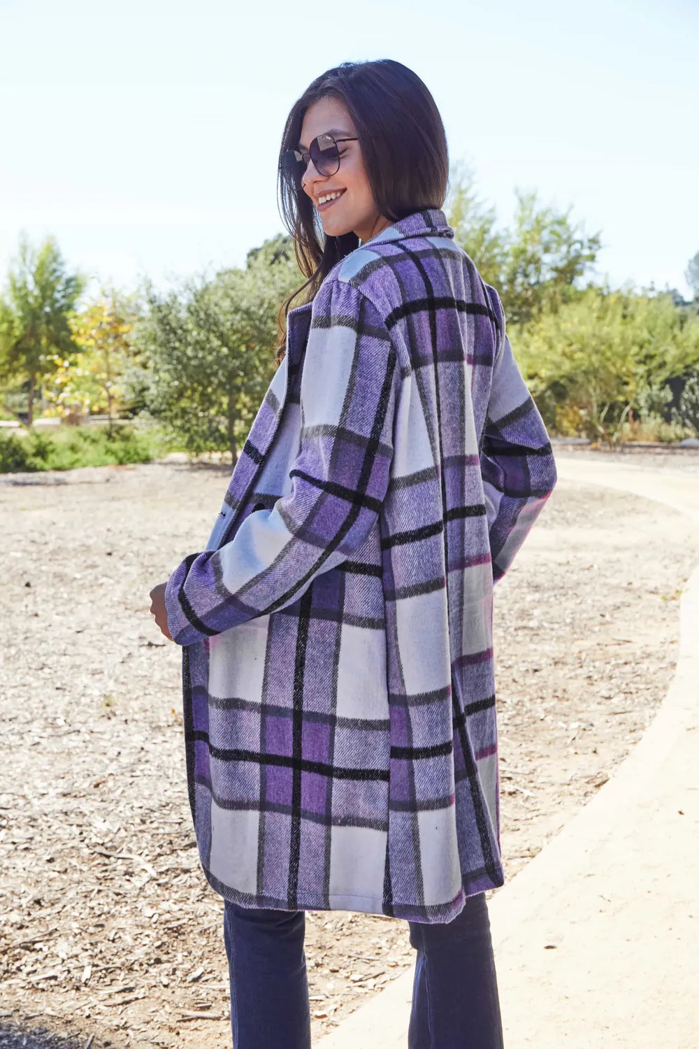 Double Take Full Size Plaid Button Up Lapel Collar Coat Easy Apparels