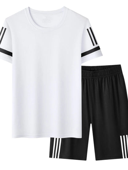 Men's Plus Size Round Neck Short Sleeve Top and Shorts Set White Easy Apparels