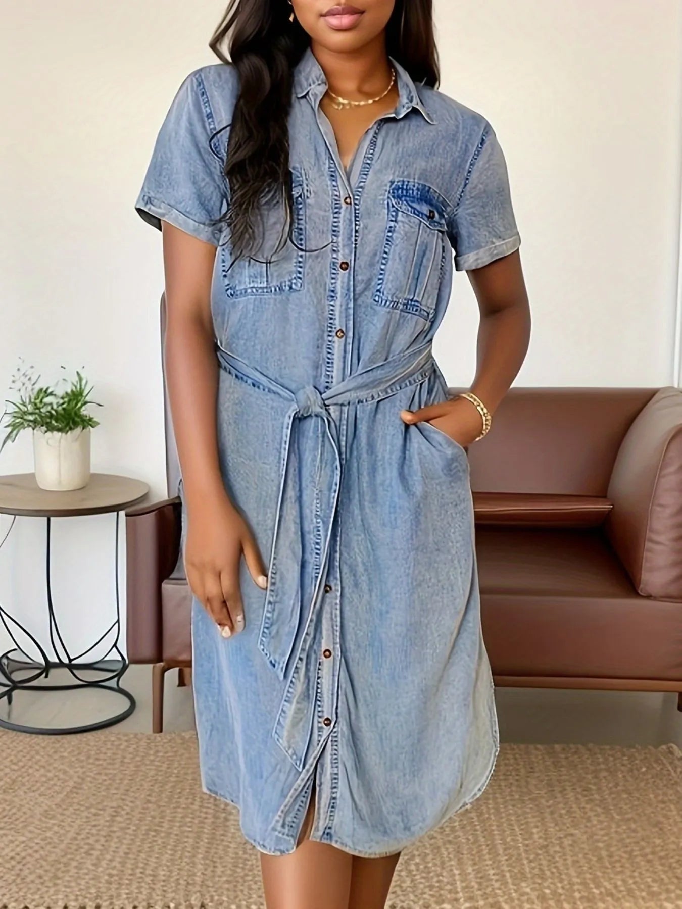 Button Front Short Sleeve Denim Dress Easy Apparels