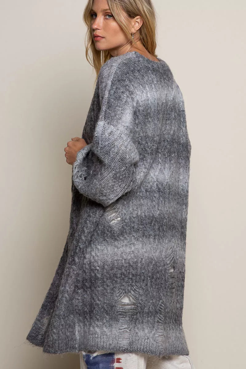 POL Distressed Cable-Knit Ombre Dying Cardigan Easy Apparels