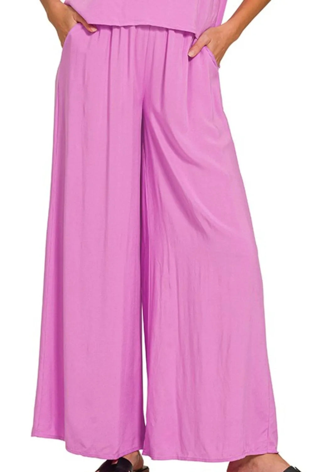 Zenana Round Neck T-Shirt and Wide Leg Pants Set Easy Apparels