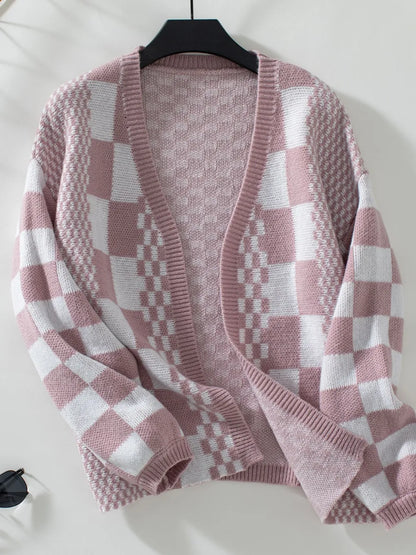 Double Take Checkered Open Front Dropped Shoulder Cardigan Dusty Pink Easy Apparels