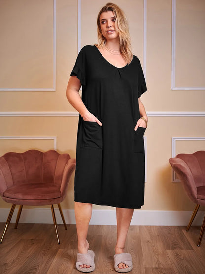 Plus Size Round Neck Short Sleeve Lounge Dress Black Easy Apparels