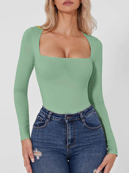 Trendsi Square Neck Long Sleeve Bodysuit Gum Leaf