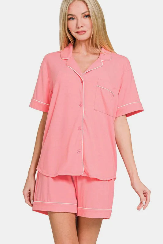Zenana Button Down Short Sleeve Top and Shorts Lounge Set DK PINK Easy Apparels