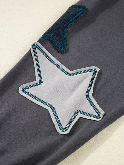 Trendsi Star Patchwork Contrast Stitching Mineral Wash Kangaroo Pocket Hoodie