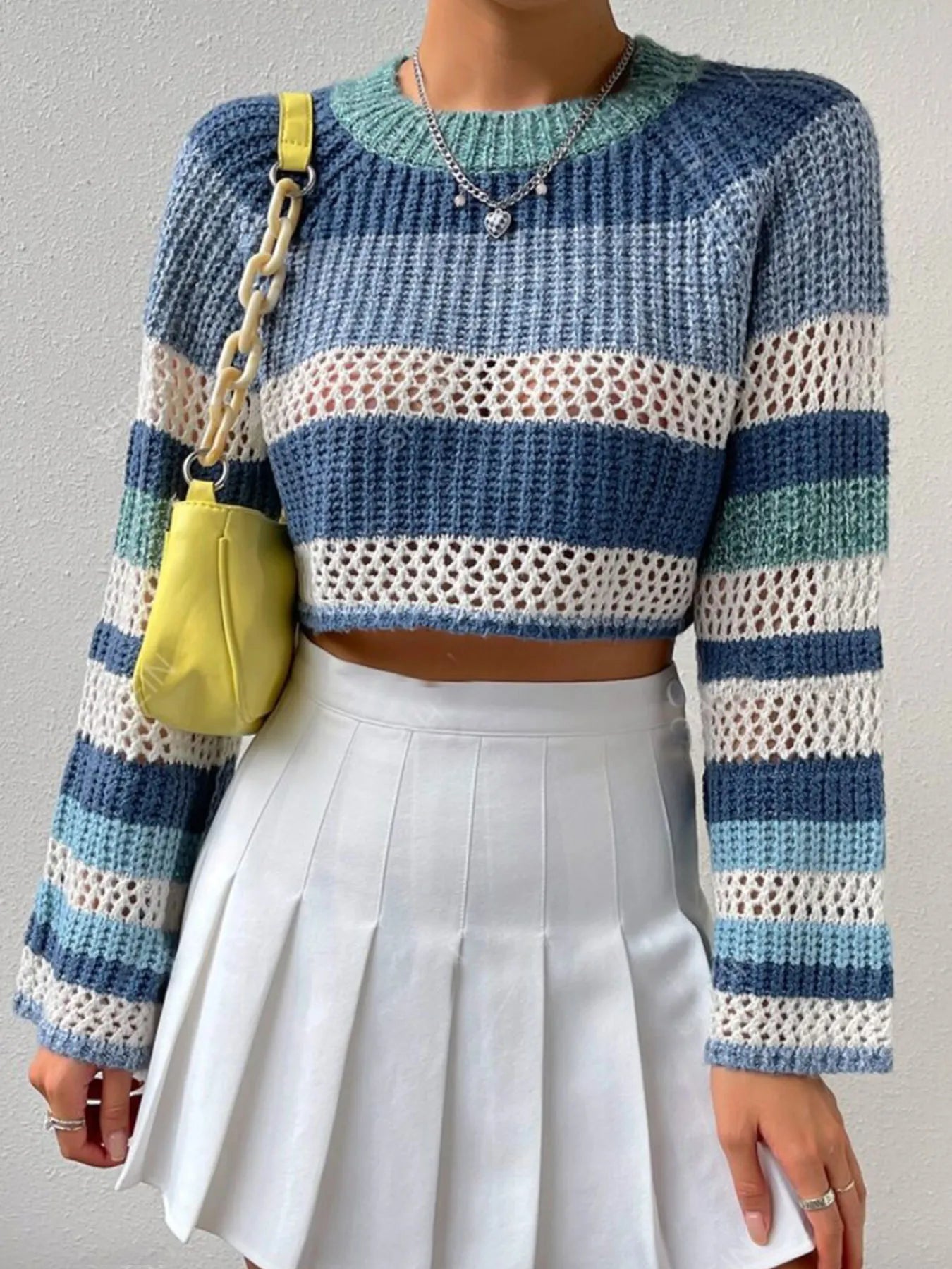 Trendsi Openwork Striped Color Block Crop Sweater