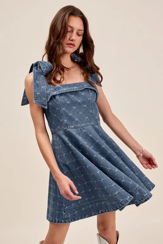 SO ME A Line Fit and Flare Diamond Bow Ribbon Denim Dres Easy Apparels