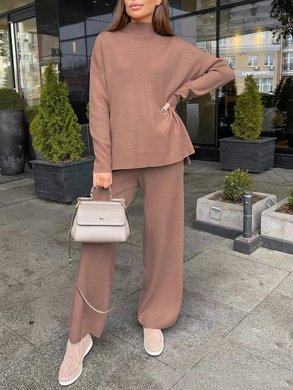Slit Mock Neck Top and Pants Sweater Set Easy Apparels