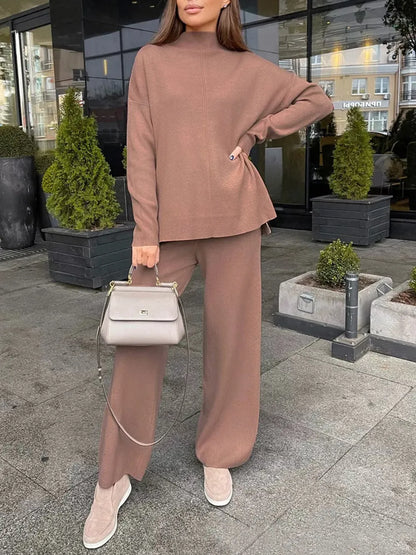 Slit Mock Neck Top and Pants Sweater Set Easy Apparels