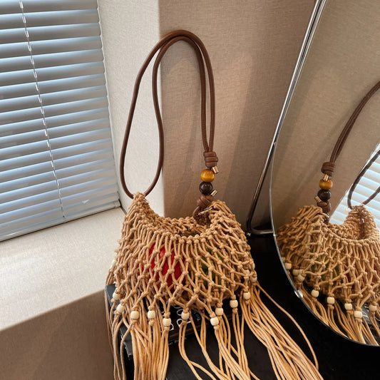 Fringe Net Shoulder Bag Khaki onesize Easy Apparels