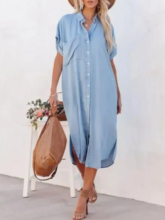 Button Down Denim Midi Shirt Dress 1907 Color Easy Apparels