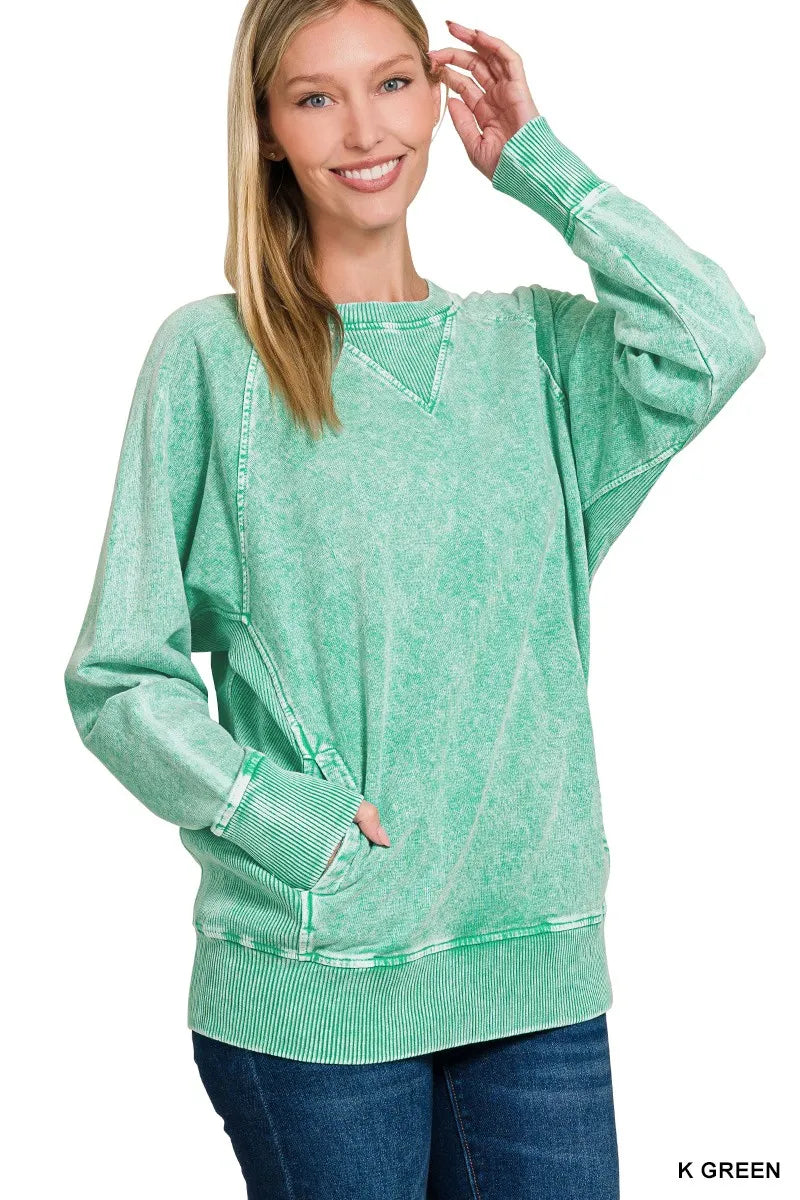 Trendsi Zenana Halo Snow Washed French Terry Round Neck Sweatshirt K GREEN