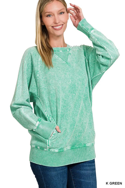 Trendsi Zenana Halo Snow Washed French Terry Round Neck Sweatshirt K GREEN