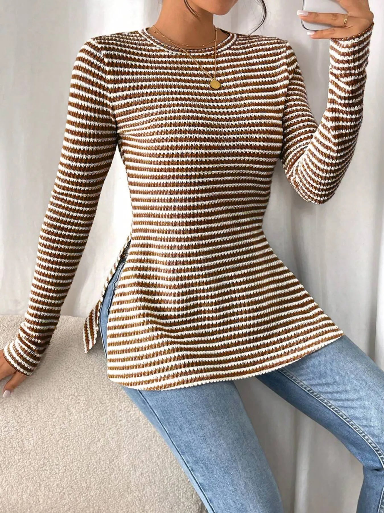 Trendsi Side Slit Striped Long Sleeve T-Shirt Brown
