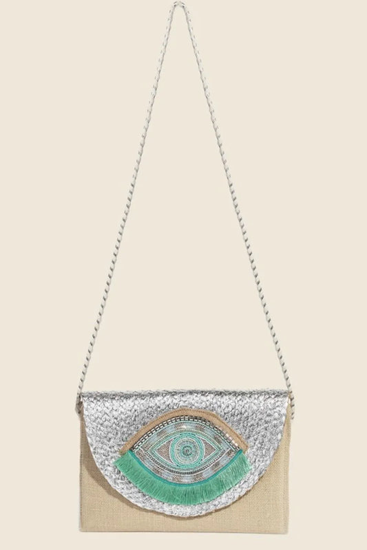 Fame Boho Beaded Eye Pattern Envelope Bag Silver One Size Easy Apparels