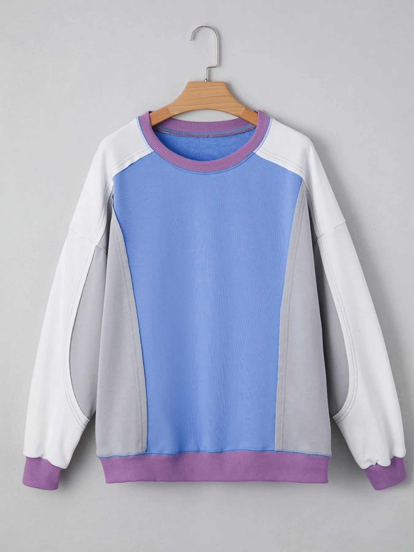 Trendsi Exposed Seam Colorblock Patchwork Ribbed Trim Sweatshirt