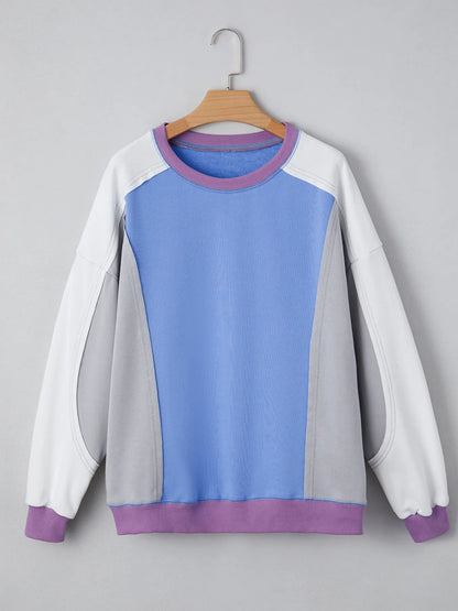 Trendsi Exposed Seam Colorblock Patchwork Ribbed Trim Sweatshirt