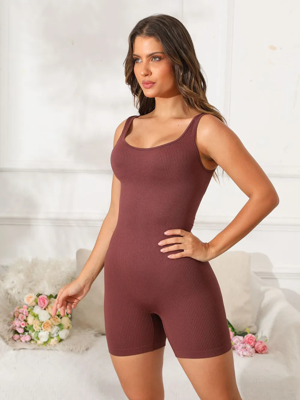 Scoop Neck Wide Strap Active Romper Dark Brown Easy Apparels