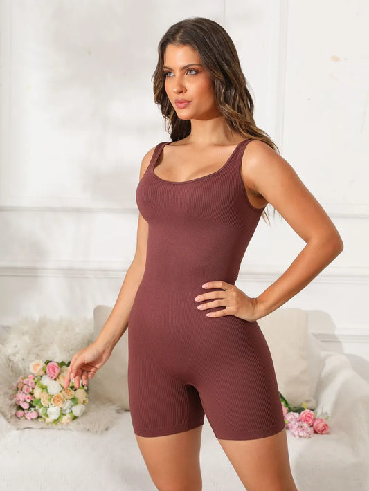 Scoop Neck Wide Strap Active Romper Dark Brown Easy Apparels
