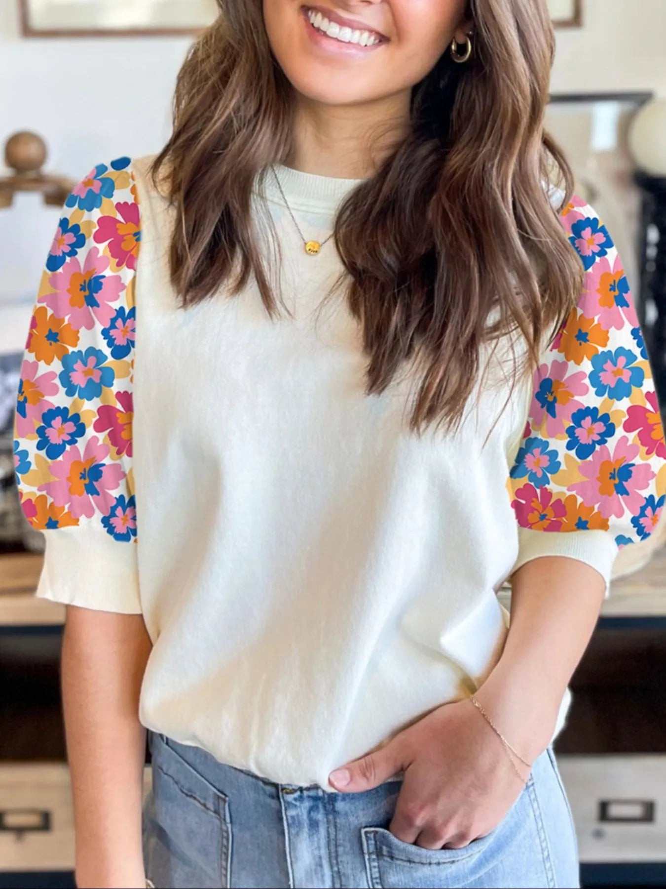 Trendsi Floral Puff Sleeve Round Neck T-Shirt