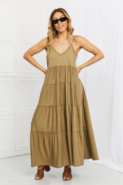 Zenana Full Size Spaghetti Strap Tiered Dress with Pockets in Khaki Khaki Easy Apparels