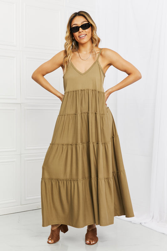 Zenana Full Size Spaghetti Strap Tiered Dress with Pockets in Khaki Khaki Easy Apparels