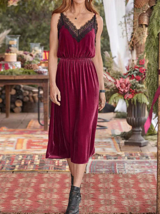 Velvet Cami Lounge Dress with Lace Trim Easy Apparels