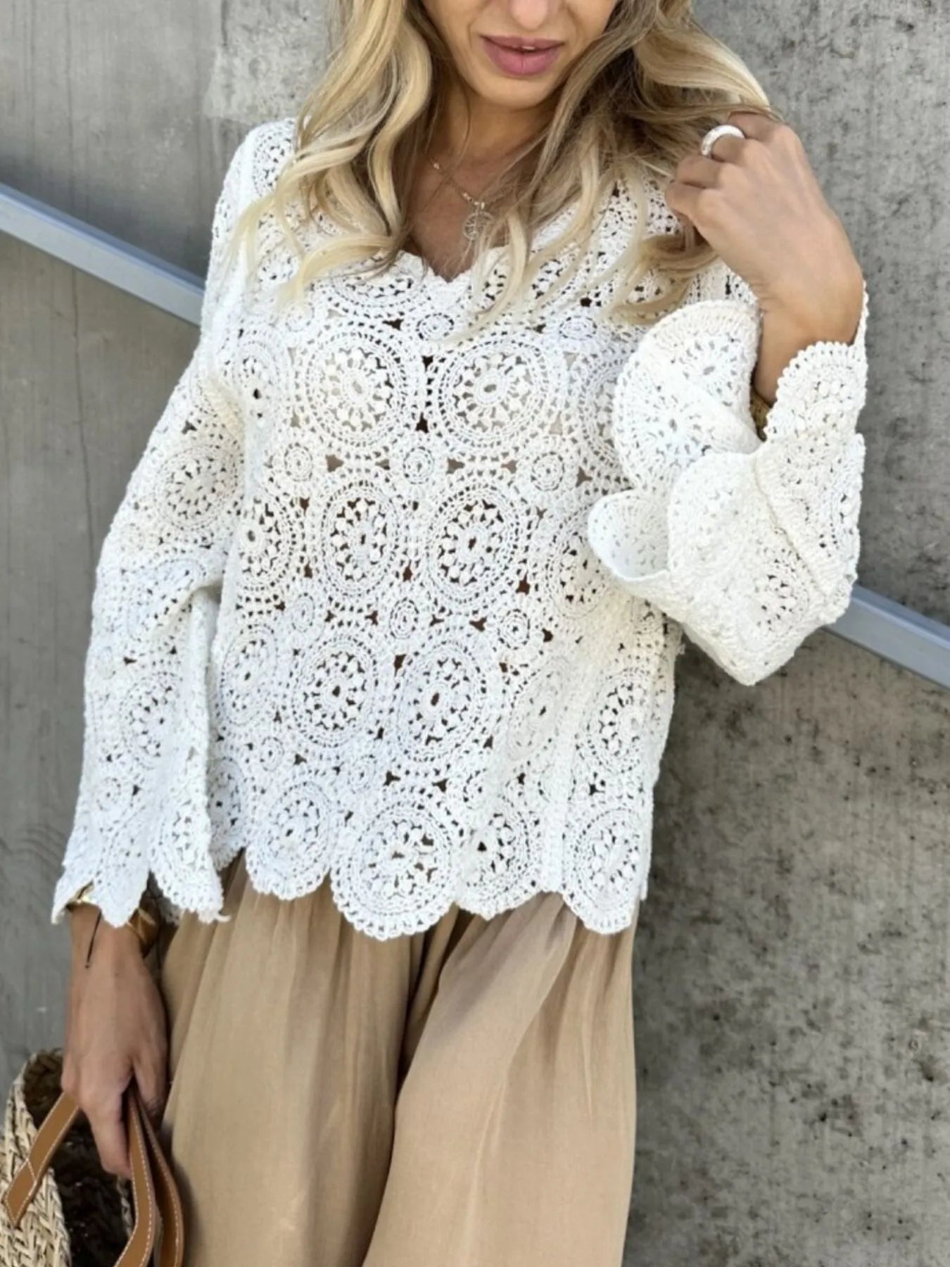 Trendsi Crochet Lace V-Neck Bell Sleeve Knit Top