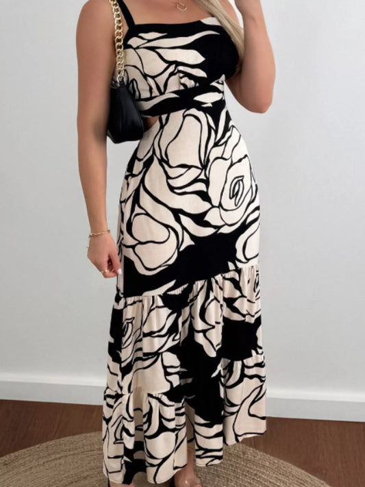Cutout Back Printed Cami Dress Black Easy Apparels